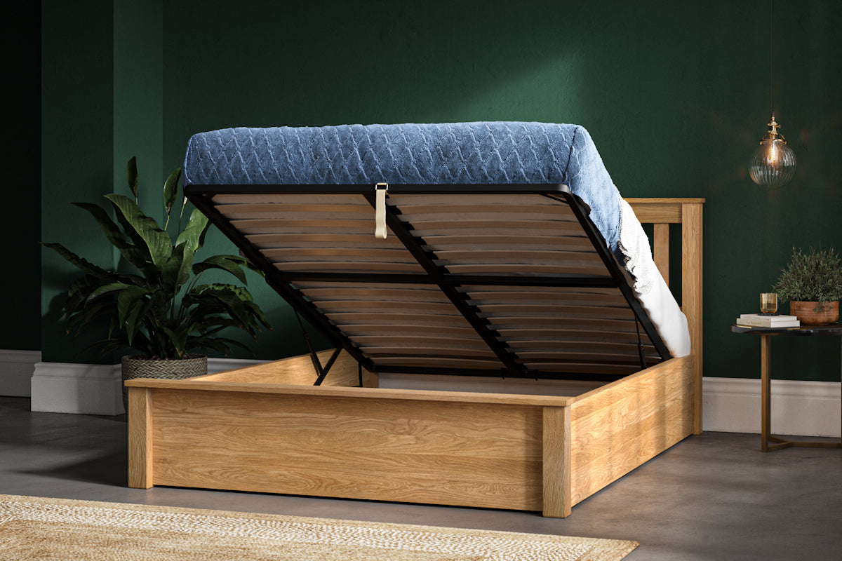 Monti Storage/Ottoman Solid Oak Bed - Oak or Warm Oak - Available in Double, KingSize or SuperKing