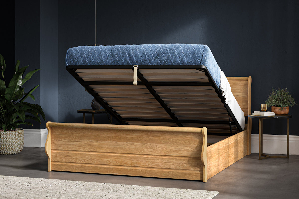Winford Sleigh Storage/Ottoman Solid Oak Bed - Available in Double, Kingsize or Superking