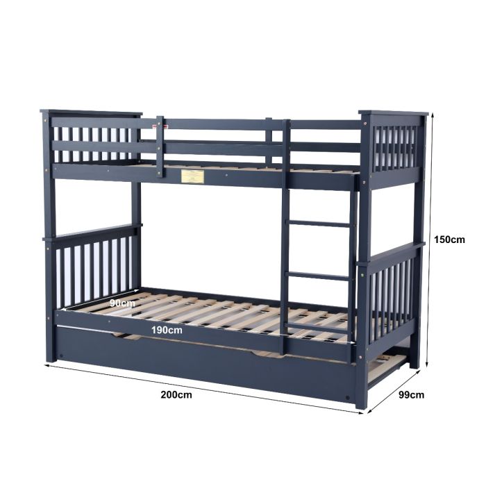 Wooden Zoom Detachable Bunk Bed With Trundle - Available in Grey Or White