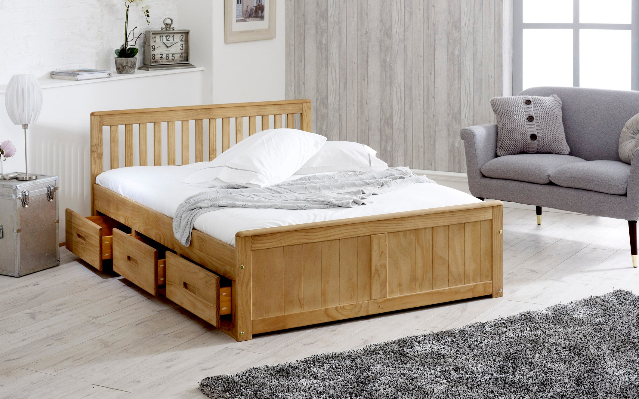 Mision Bed - Available in White, Waxed, Honey, Blue, Grey, Pink - Single(3Ft), Small Double(4Ft), Double(4"6Ft) or Kingsize (5Ft)