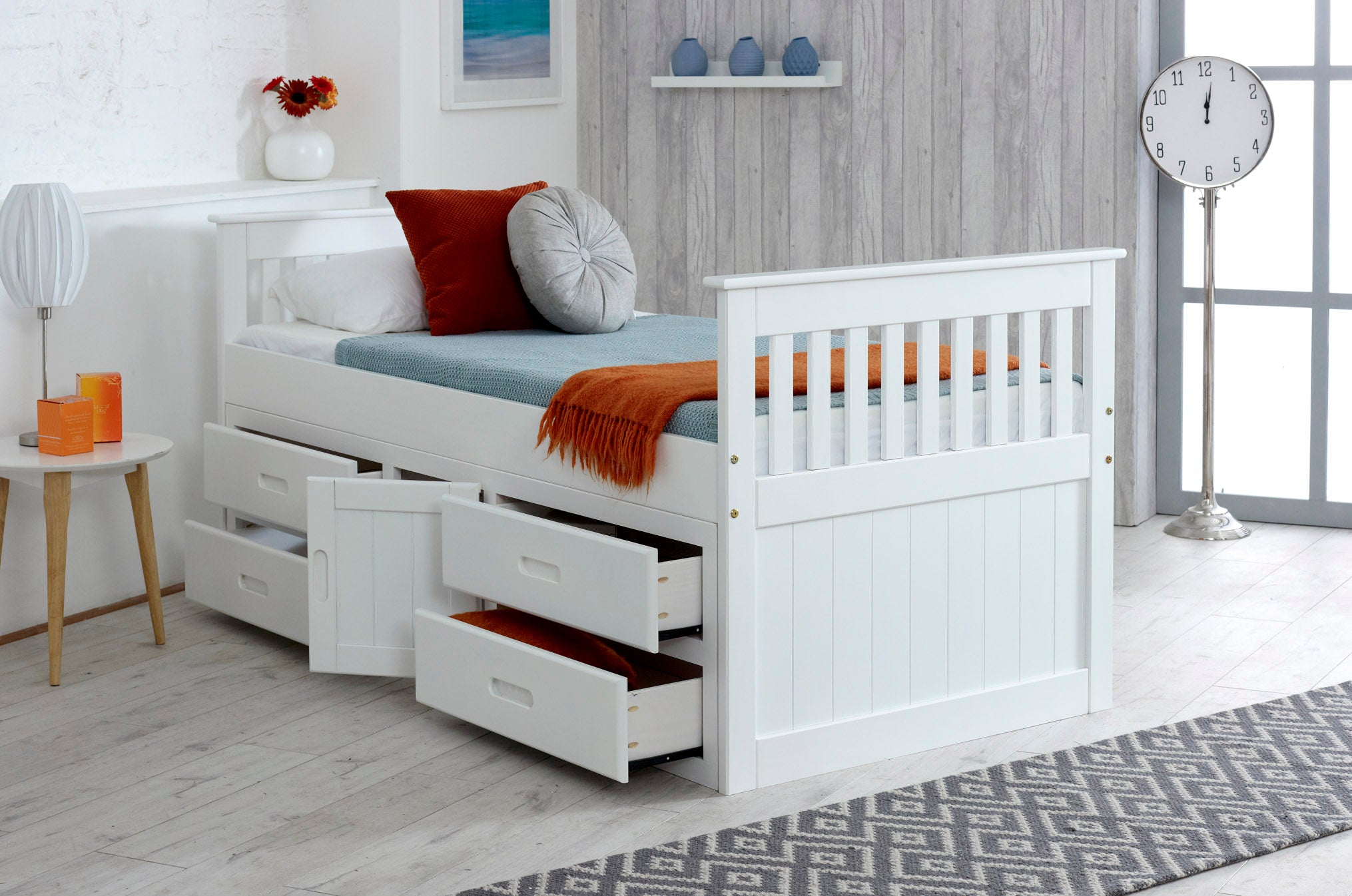 Captains Storage Bed - Available in White & Waxed - Single(3Ft)