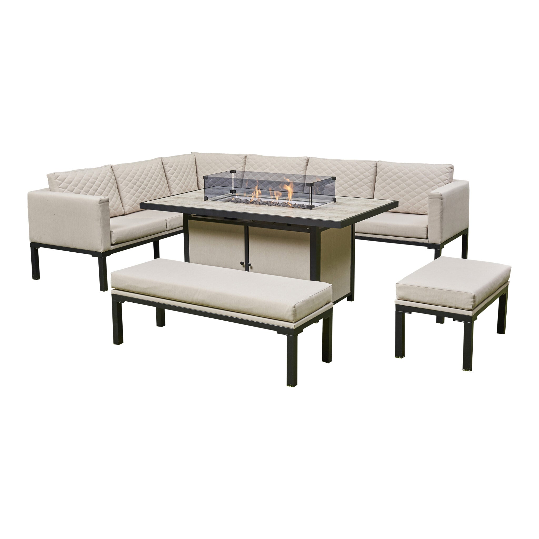 Outdoor - Corner Fabric Quilted Aluminium Firepit Dining Set - Grey or Biege Available