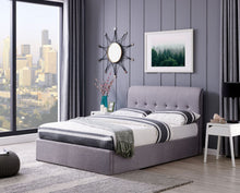 Load image into Gallery viewer, CARMEL Bed Frame &amp; Storage - End Lift Ottoman In Grey Linen With Pipe &amp; Button
