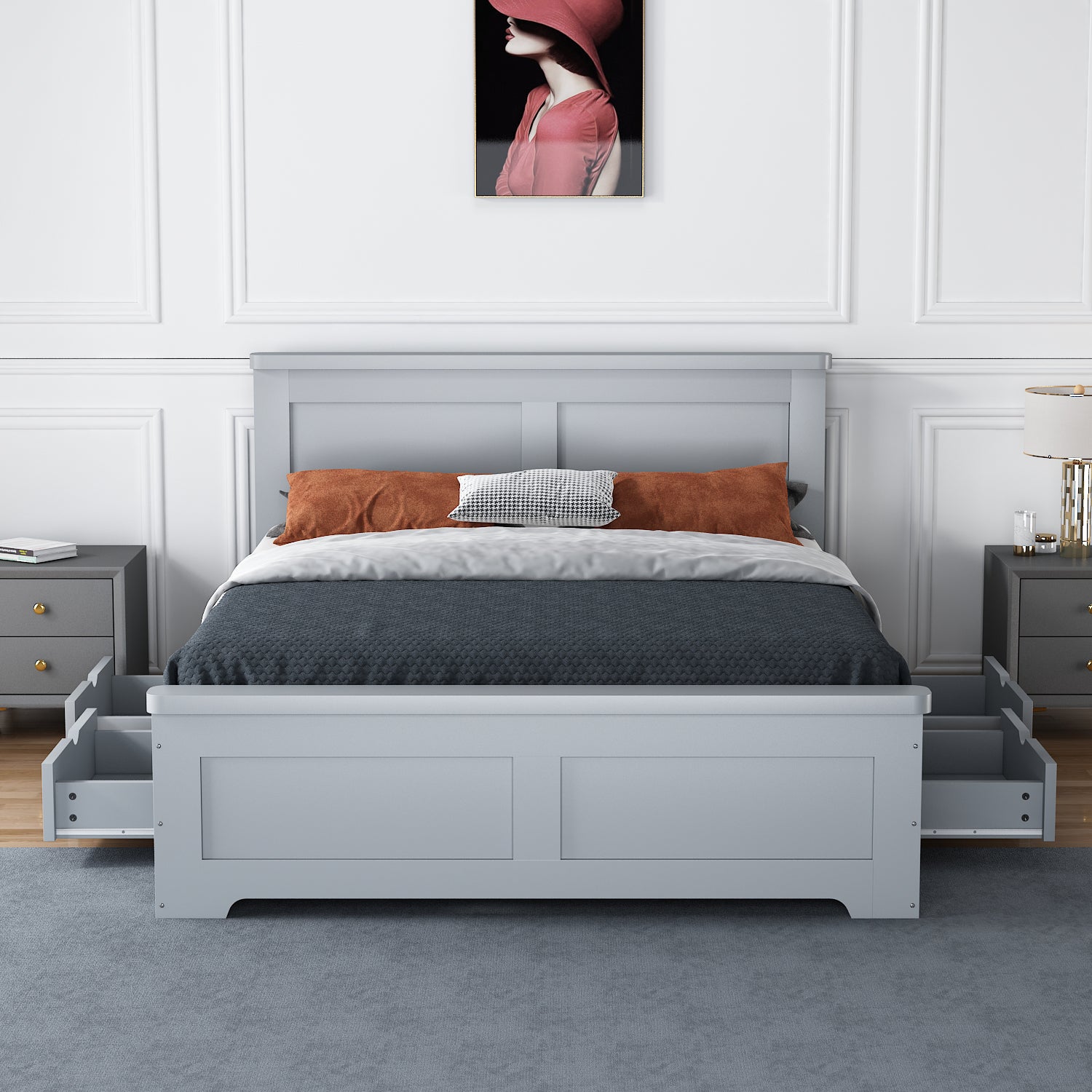 CONWAY Wooden Storage Bed With Drawers - Grey or White - Available in Double & Kingsizes