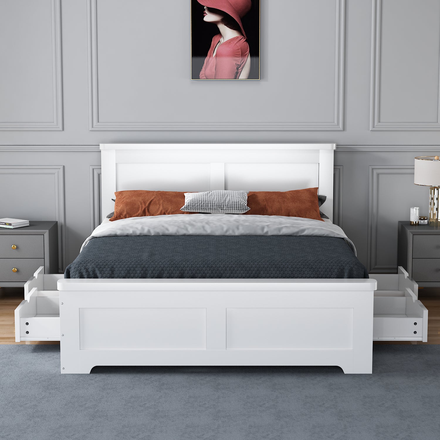 CONWAY Wooden Storage Bed With Drawers - Grey or White - Available in Double & Kingsizes