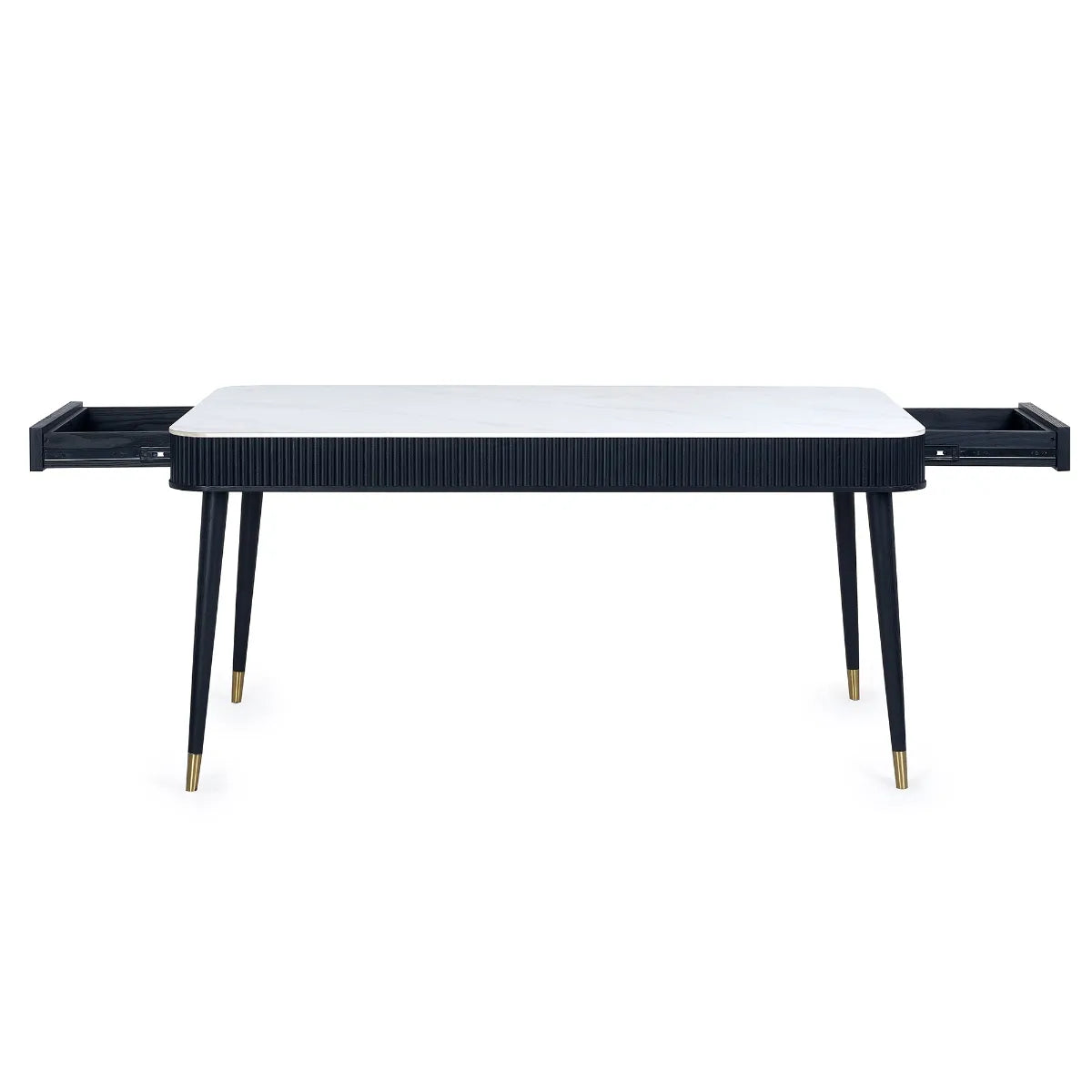 Louis Black Fluted Stone Top Dining Table with Drawers - 90cm D x 190cm W x 77cm H