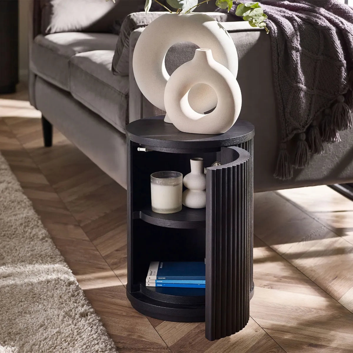 Louis Black Fluted Side Table With Door 33cm D x 33cm W x 45.5cm H