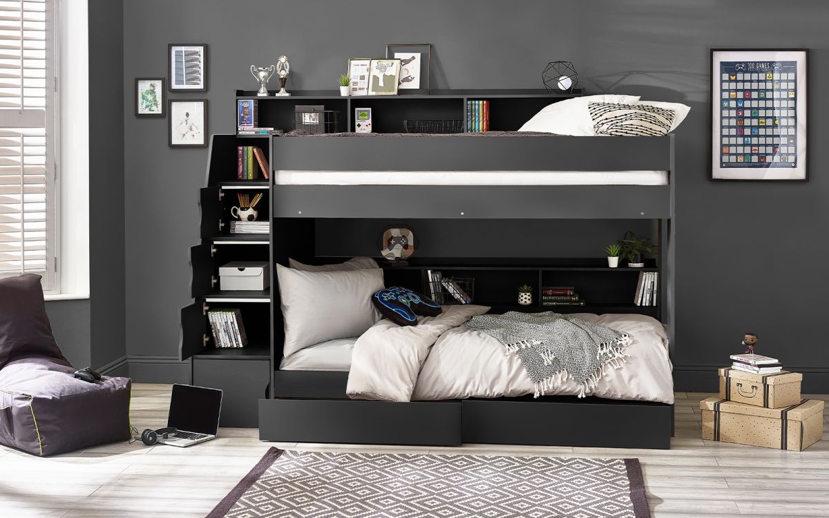 Kids Camelot Staircase Bunk With Storage - Available in Anthracite or White - Optional Mattress