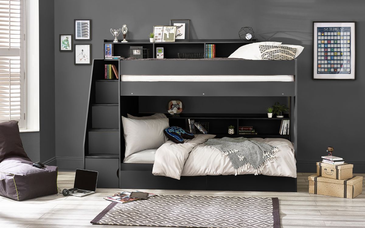 Kids Camelot Staircase Bunk With Storage - Available in Anthracite or White - Optional Mattress