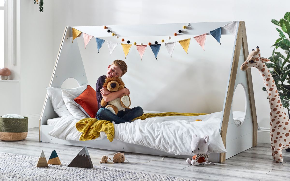 Kids Festival Tent Bed - White & Wood Finish - Optional Mattress