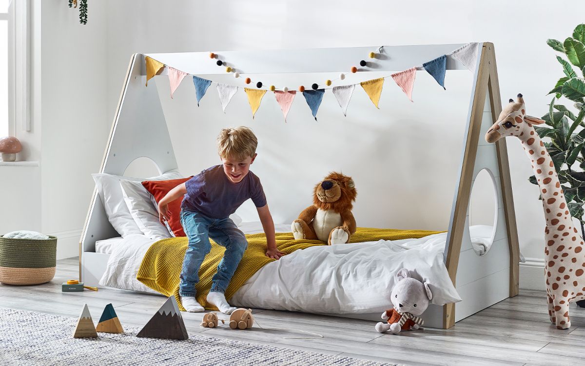 Kids Festival Tent Bed - White & Wood Finish - Optional Mattress