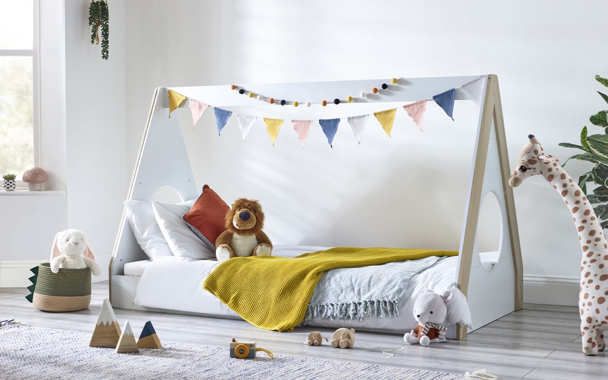 Kids Festival Tent Bed - White & Wood Finish - Optional Mattress