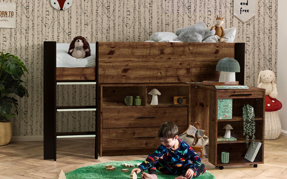 Kids Otis Midsleeper - Available in All White or Urban Rustic And Black - Mattress Option