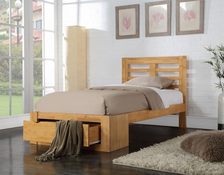 Sophisticated New Bretton Wooden Bed With Drawers - White or Oak Colour Options - Available in Single, Double and Kingsize