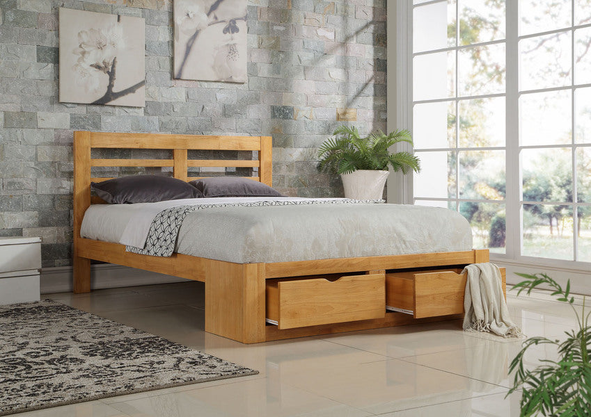 Sophisticated New Bretton Wooden Bed With Drawers - White or Oak Colour Options - Available in Single, Double and Kingsize