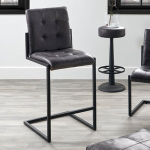 Arlo Leather & Iron Buttoned Bar Stool - Steel Grey & Brown