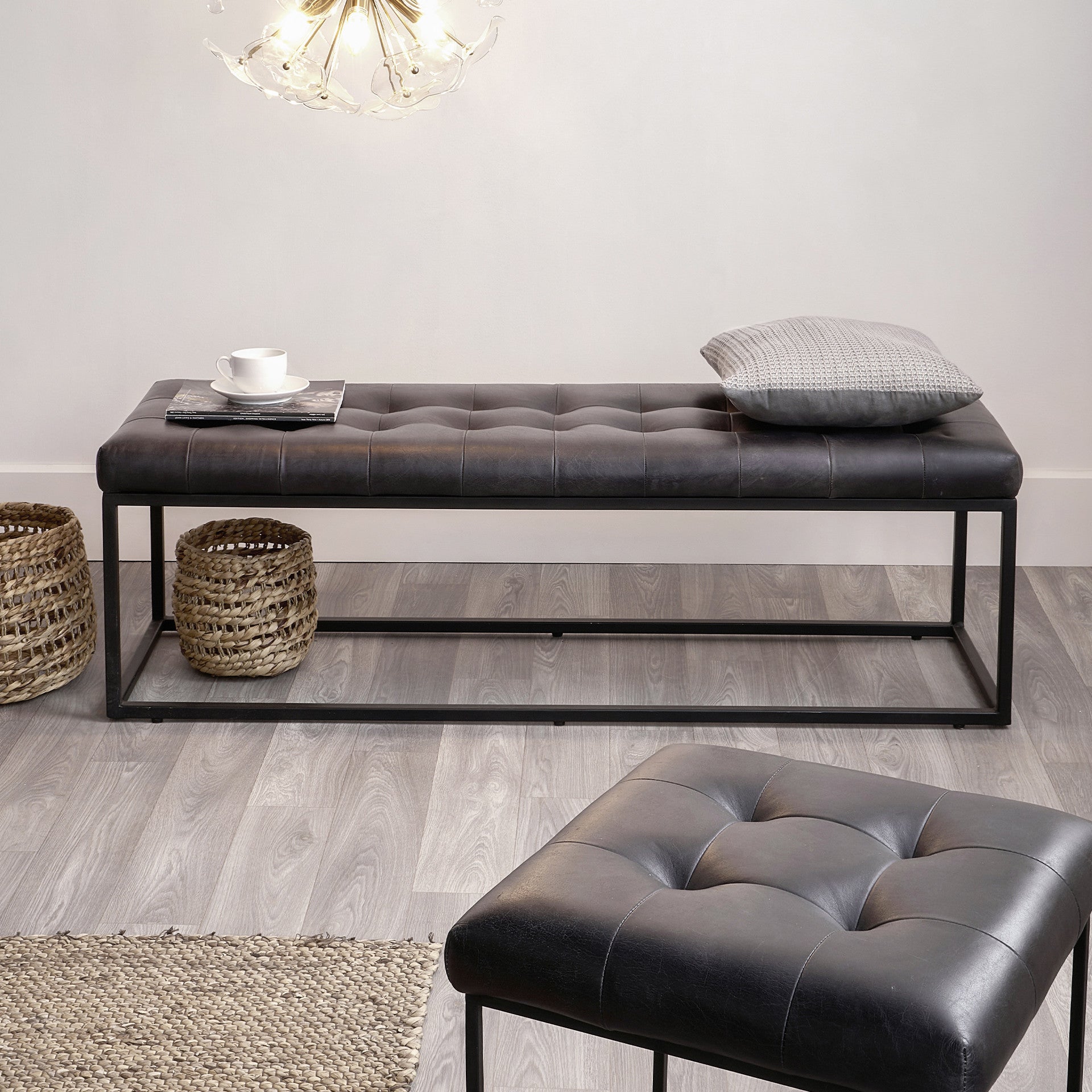 Arlo Leather & Iron Buttoned Bench - Steel Grey & Brown