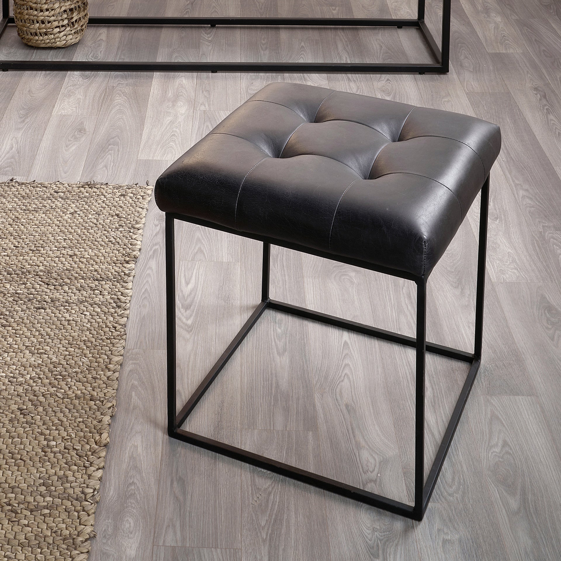 Arlo Leather & Iron Buttoned Stool - Steel Grey & Brown