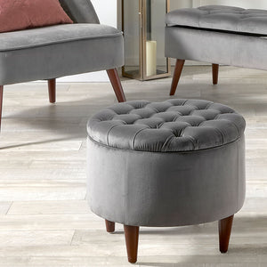 Alena Velvet Buttoned Pouffe with Storage - Available in Dove Grey & Tabacco