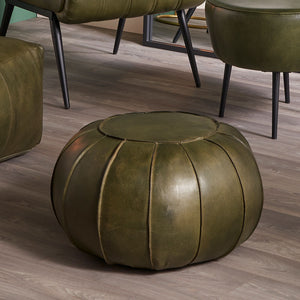 Giona Leather Round Pouffe - Available in Mahogany, Steel Grey & Sage Green