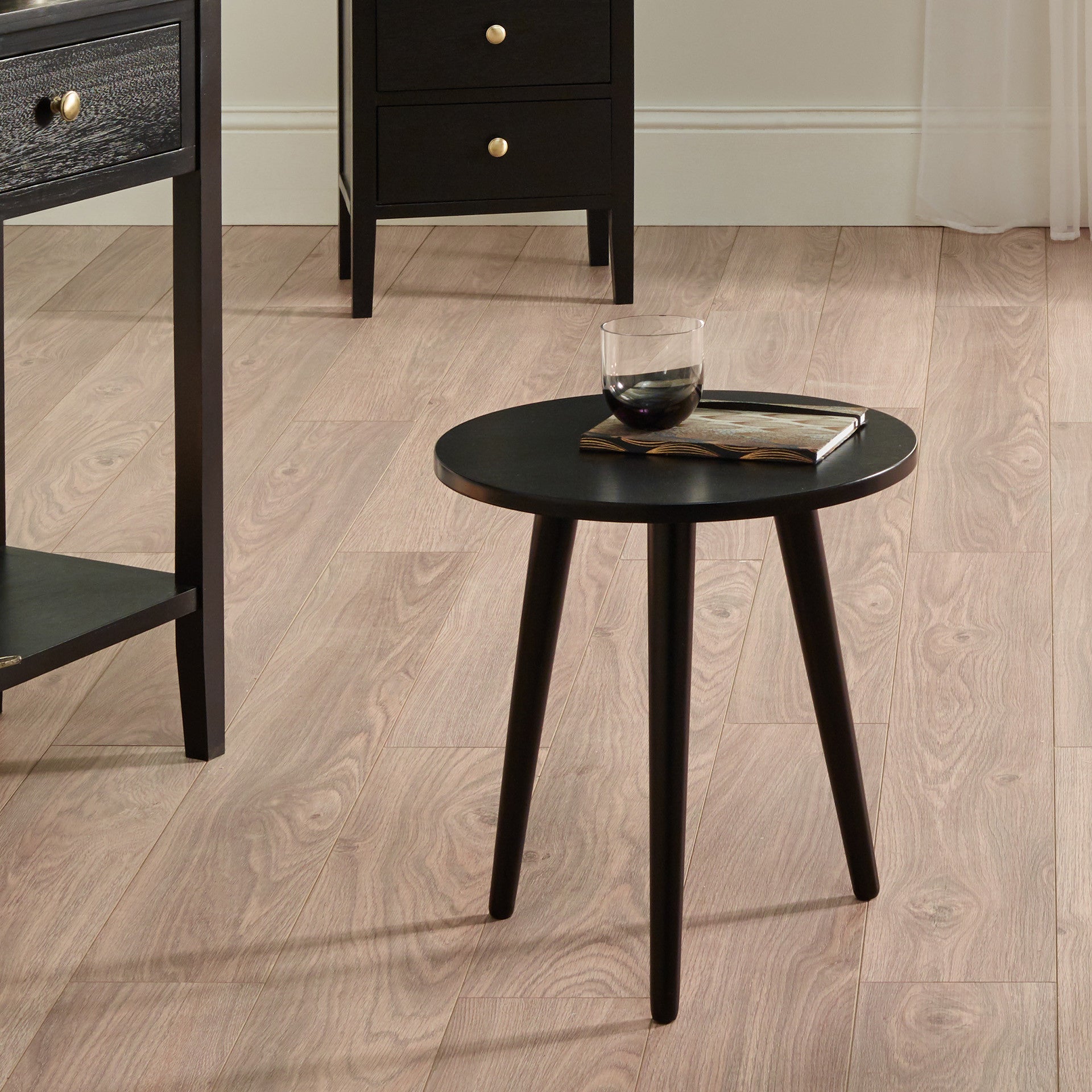 Chelmsford Vendee Grey Pine & satin Black Wood Round Side Table K/D