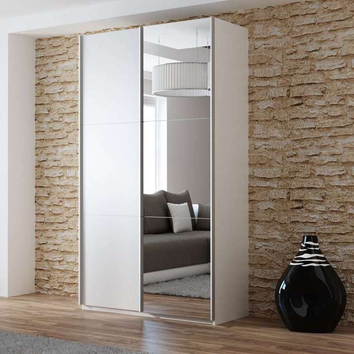 OGIV White & Mirror Sliding Door Wardrobe (LED)