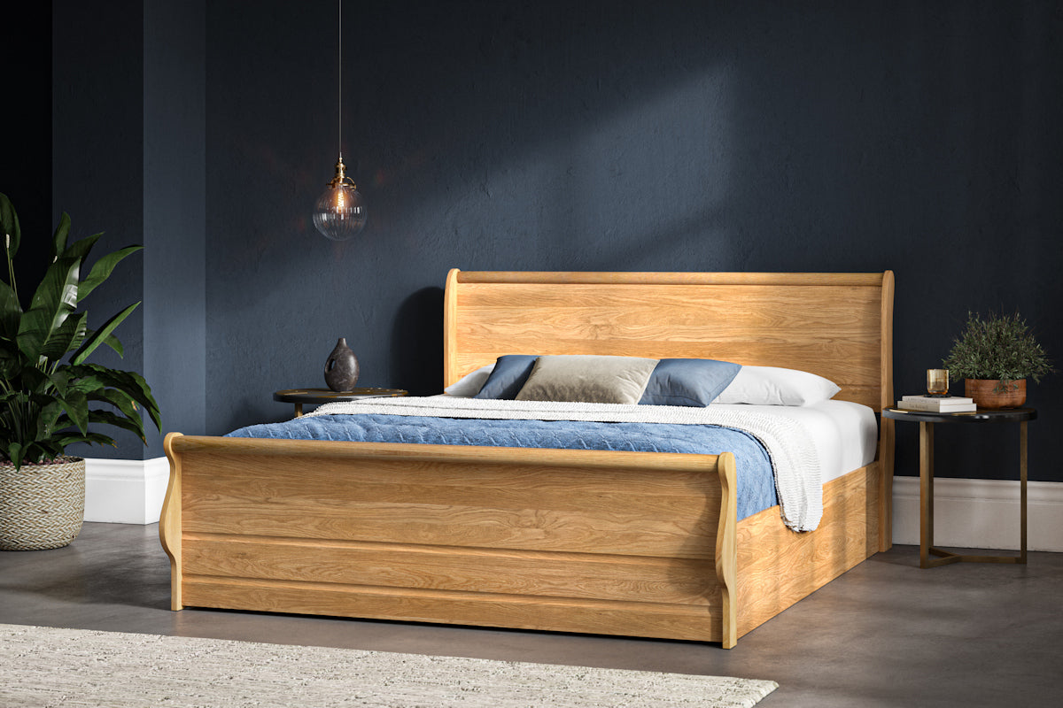 Winford Sleigh Storage/Ottoman Solid Oak Bed - Available in Double, Kingsize or Superking
