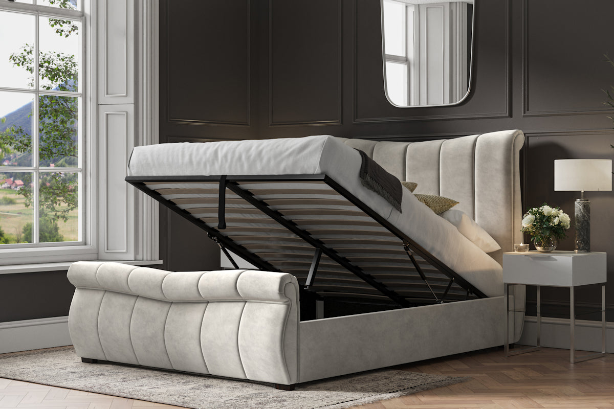 Bostan Velvet Ottoman/Storage Bed - Light Grey or Mid Grey Colour Option - Available in Kingsize