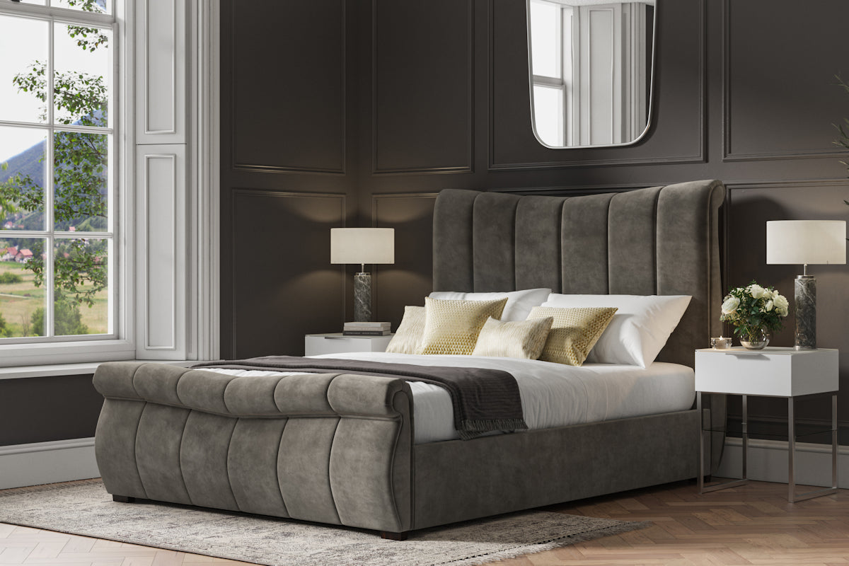 Bostan Velvet Ottoman/Storage Bed - Light Grey or Mid Grey Colour Option - Available in Kingsize
