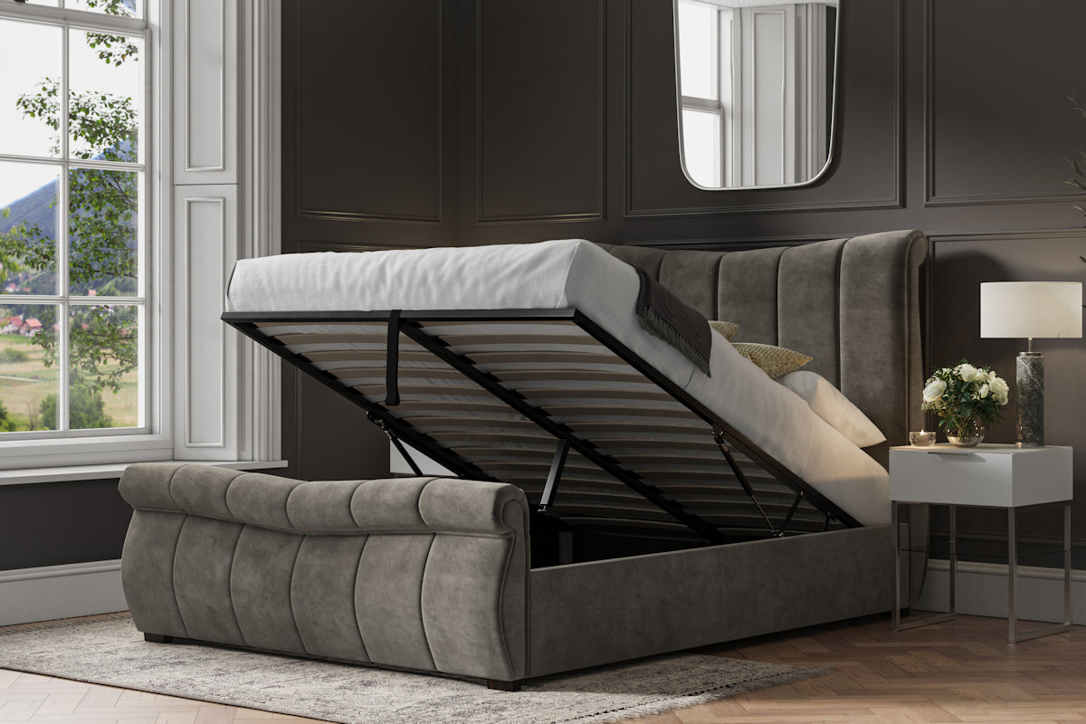 Bostan Velvet Ottoman/Storage Bed - Light Grey or Mid Grey Colour Option - Available in Kingsize