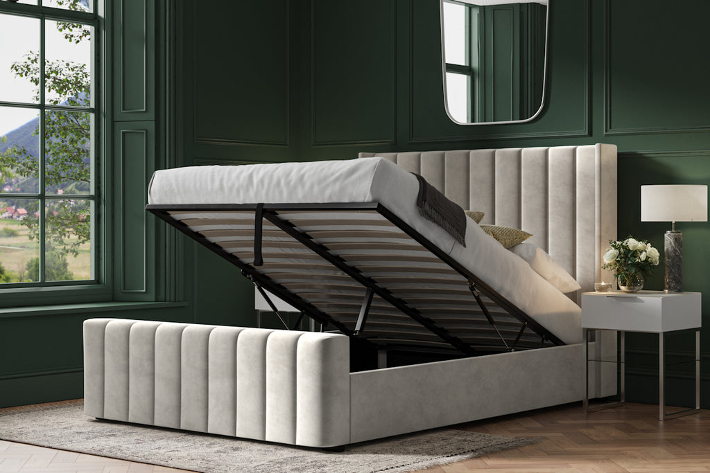 Killian Velvet Ottoman/Storage Bed - Light Grey or Mid Grey Colour Option - Available in Double, Kingsize or SuperKing