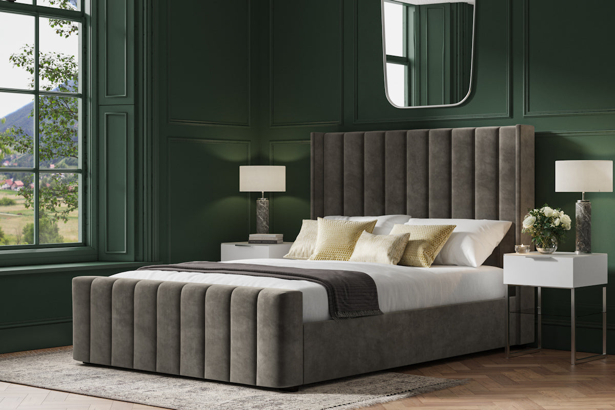 Killian Velvet Ottoman/Storage Bed - Light Grey or Mid Grey Colour Option - Available in Double, Kingsize or SuperKing