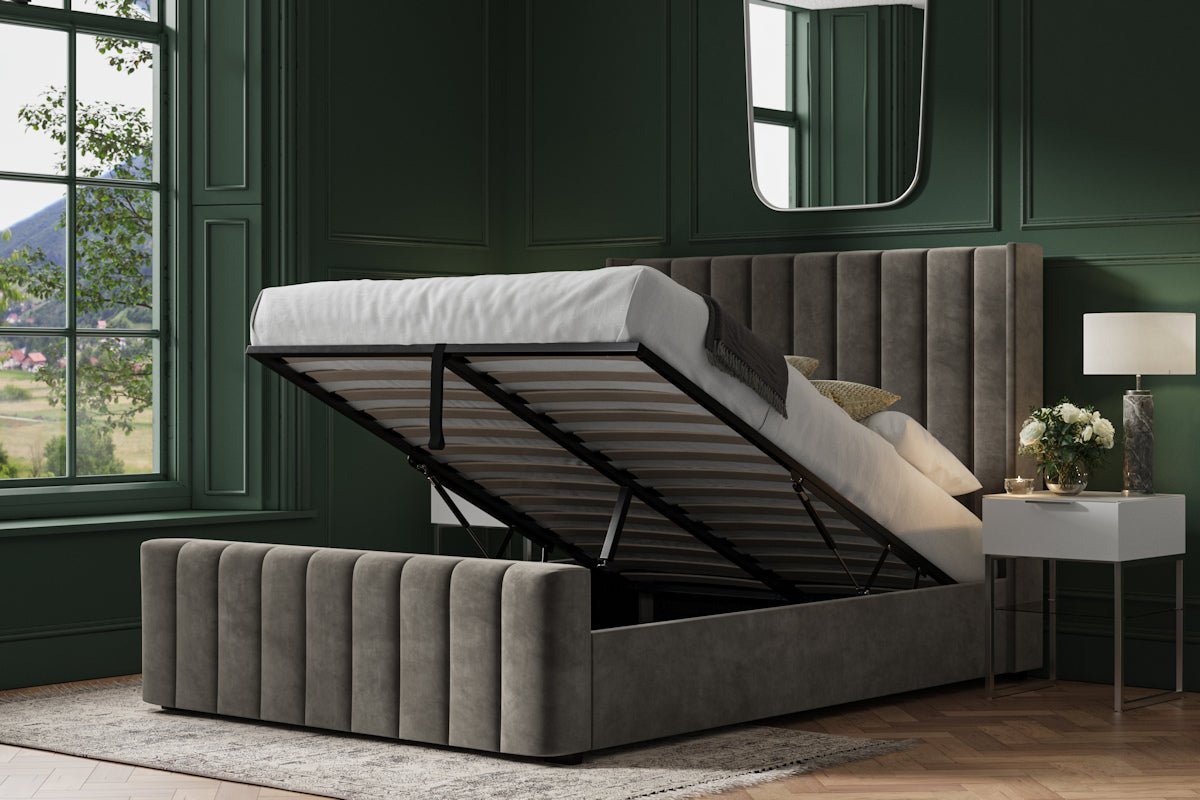 Killian Velvet Ottoman/Storage Bed - Light Grey or Mid Grey Colour Option - Available in Double, Kingsize or SuperKing