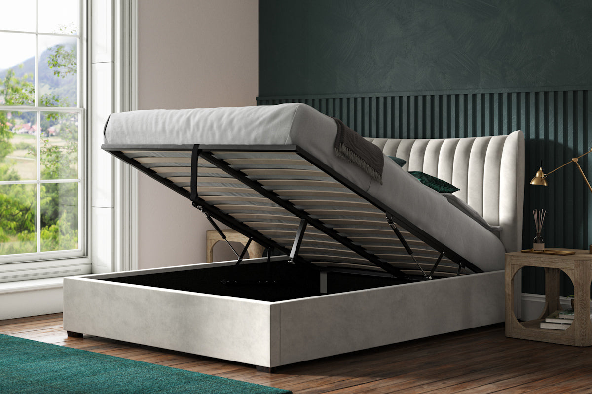 Harley Velvet Ottoman/Storage Bed - Light Grey or Mid Grey Colour Option - Available in Double, Kingsize or SuperKing