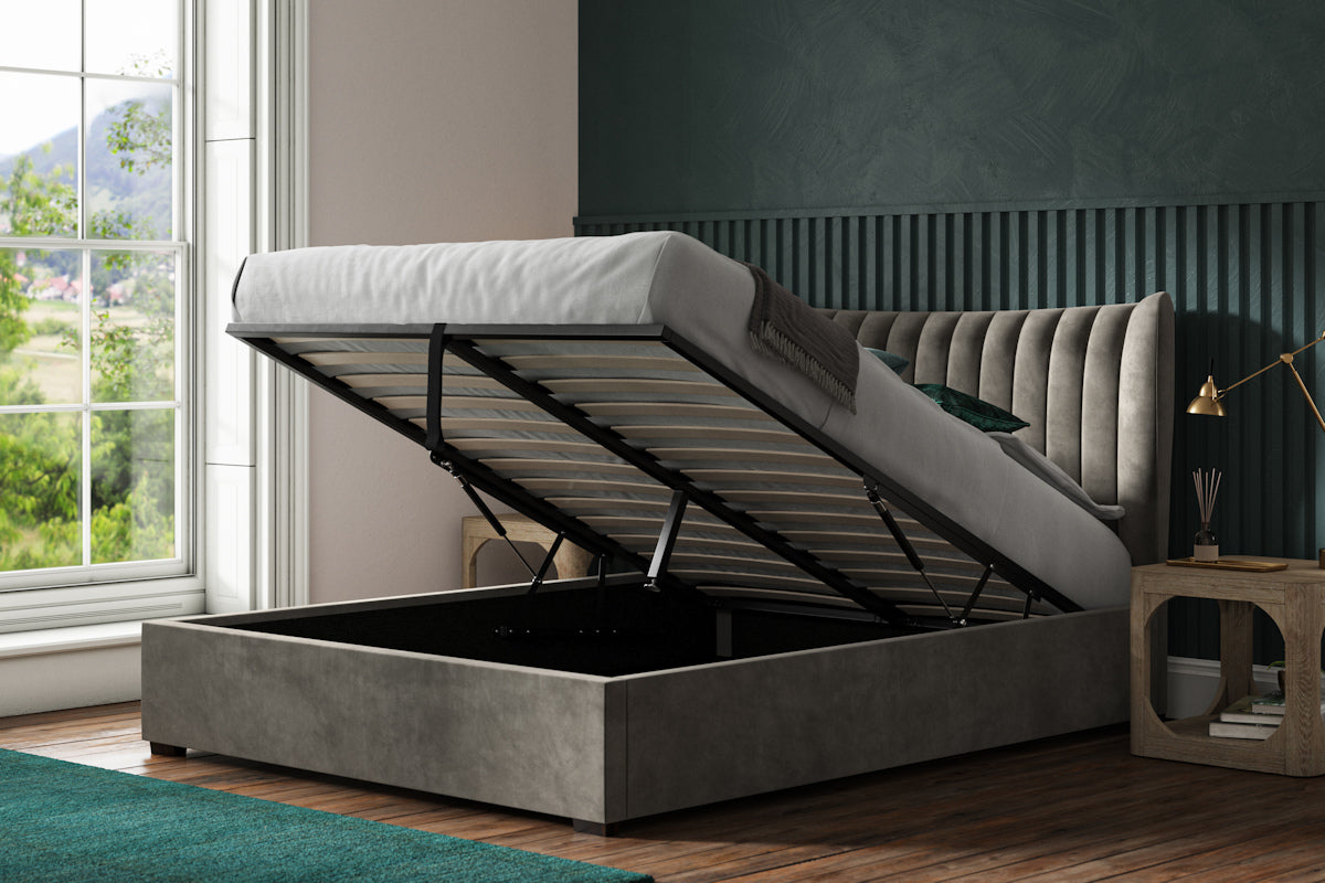 Harley Velvet Ottoman/Storage Bed - Light Grey or Mid Grey Colour Option - Available in Double, Kingsize or SuperKing