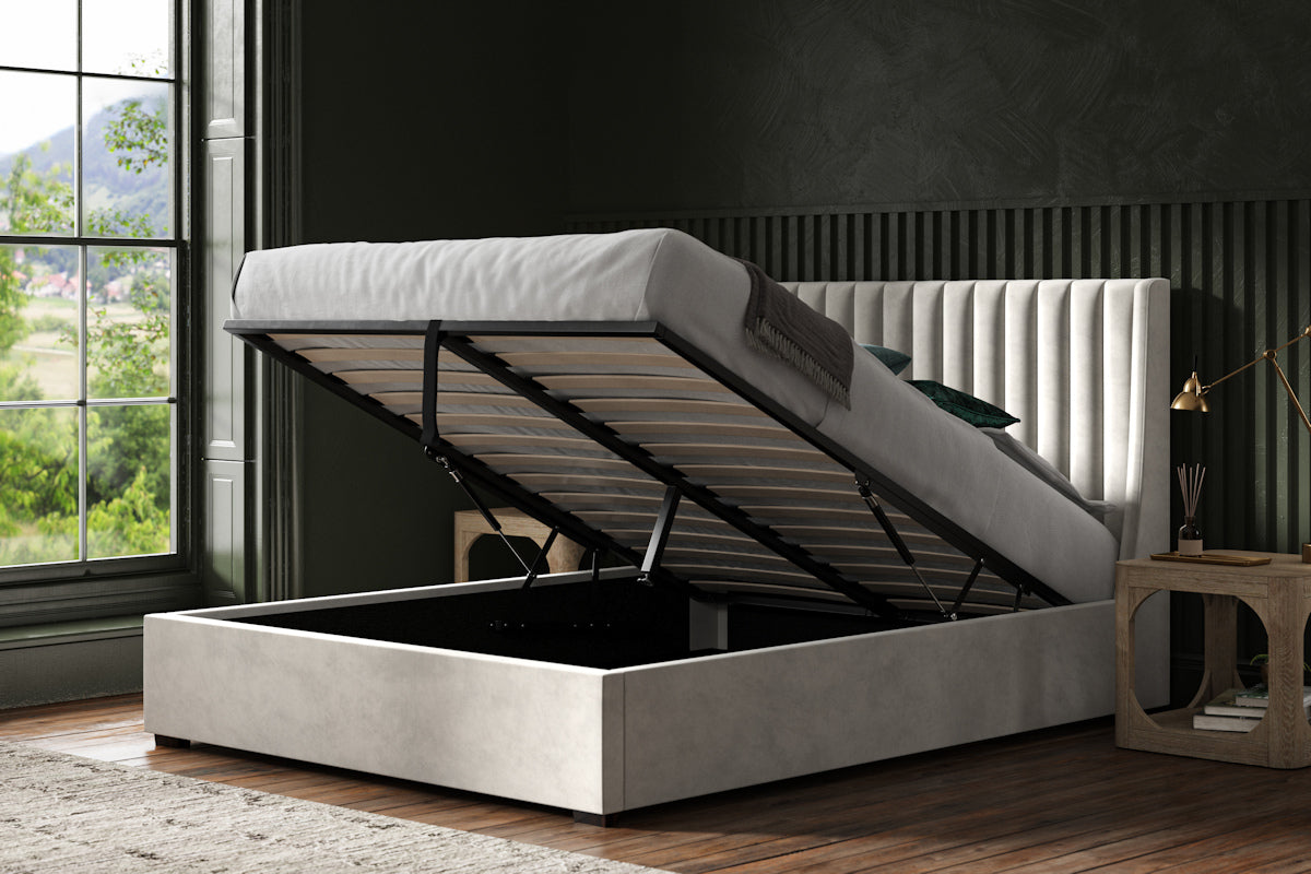 Bramley Velvet Ottoman/Storage Bed - Light Grey or Mid Grey Colour Option - Available in Double, Kingsize or SuperKing