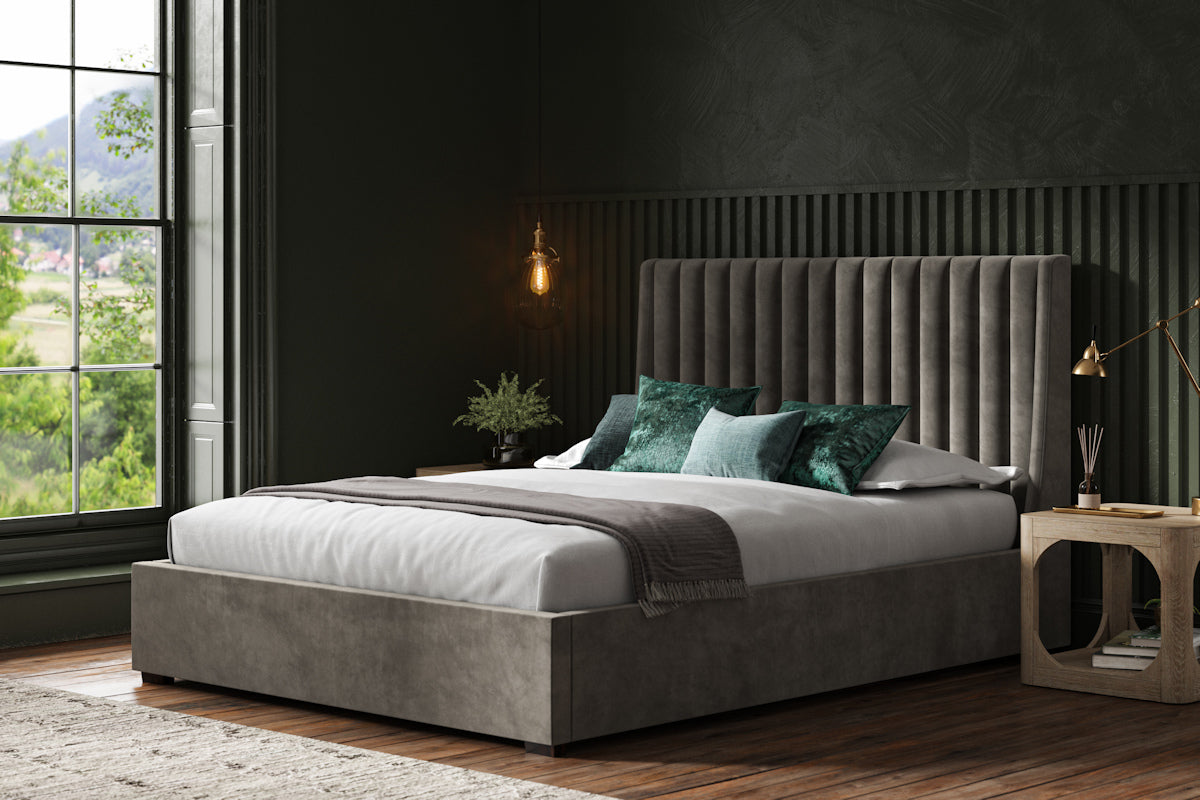 Bramley Velvet Ottoman/Storage Bed - Light Grey or Mid Grey Colour Option - Available in Double, Kingsize or SuperKing