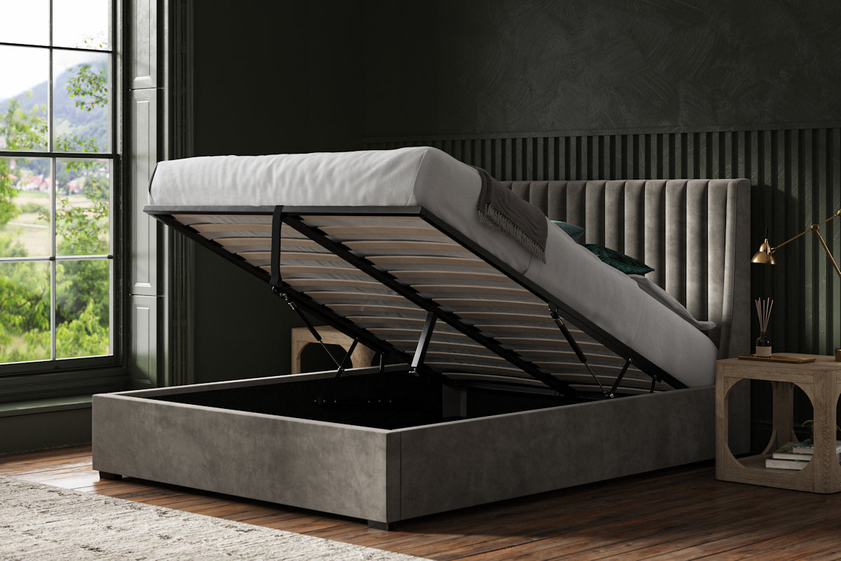 Bramley Velvet Ottoman/Storage Bed - Light Grey or Mid Grey Colour Option - Available in Double, Kingsize or SuperKing