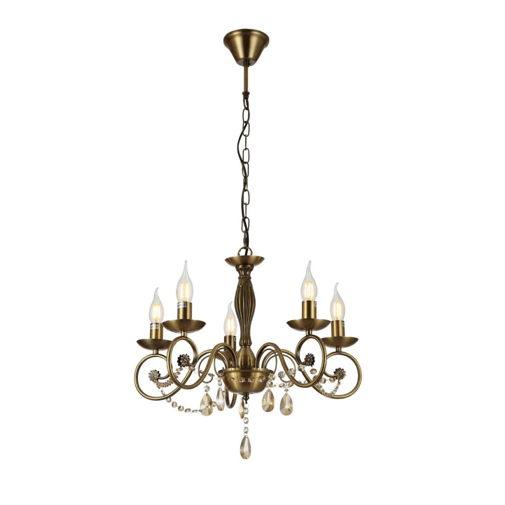 Piscis Antique Brass Finishing Metal Body French Candle Vintage Crystal Ceiling Light E14 - Available in 3, 5 & 8 Candle