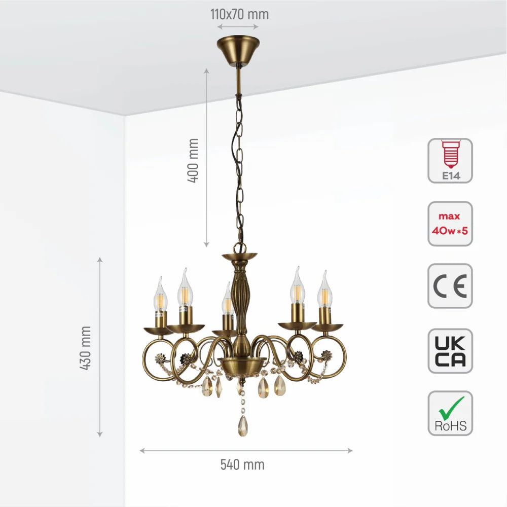 Piscis Antique Brass Finishing Metal Body French Candle Vintage Crystal Ceiling Light E14 - Available in 3, 5 & 8 Candle