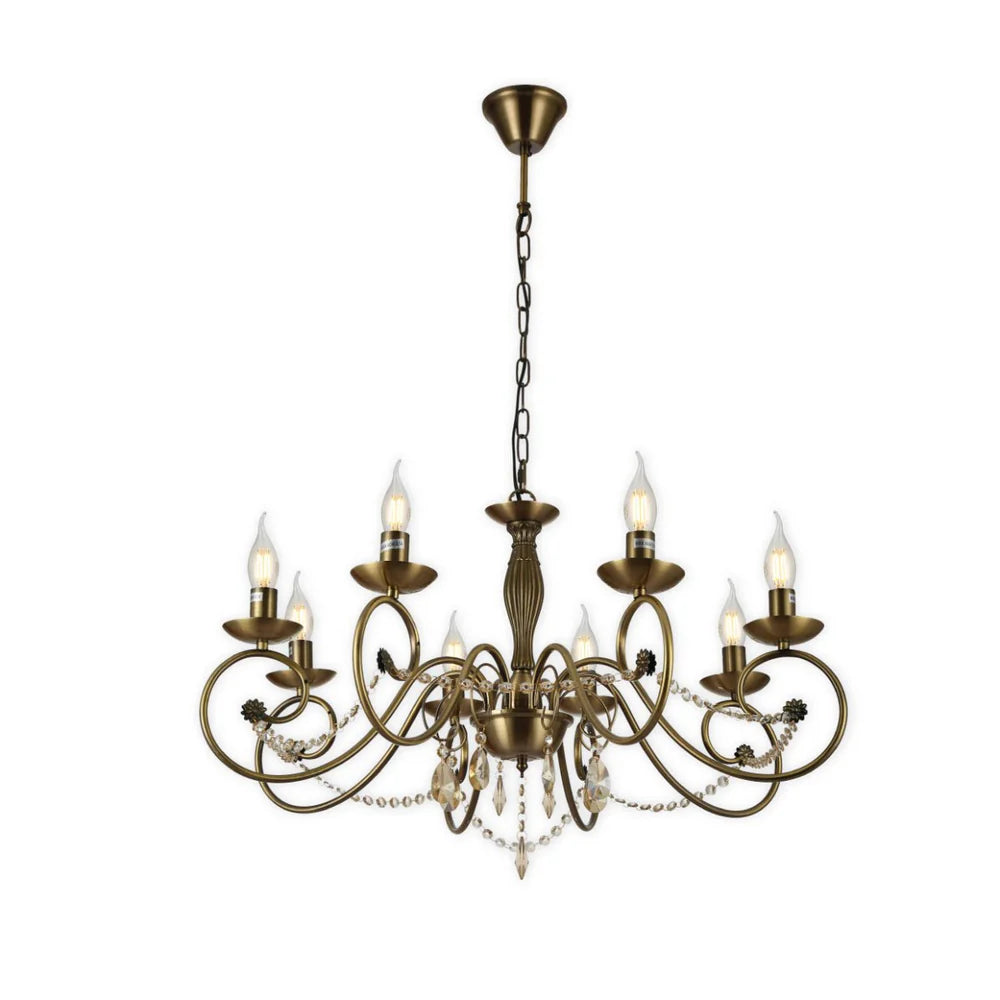 Piscis Antique Brass Finishing Metal Body French Candle Vintage Crystal Ceiling Light E14 - Available in 3, 5 & 8 Candle