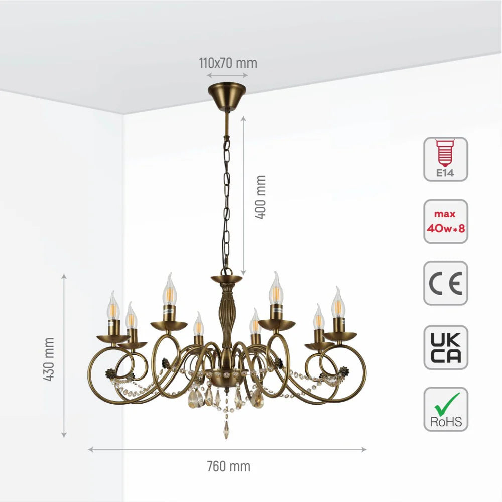 Piscis Antique Brass Finishing Metal Body French Candle Vintage Crystal Ceiling Light E14 - Available in 3, 5 & 8 Candle