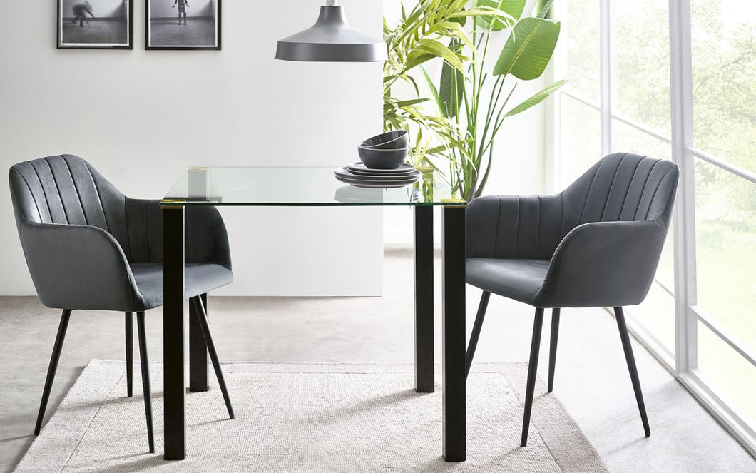 Piero Square Glass Dining Table (80x80cm) With Gold Discs & Black Legs - Available Chair Options