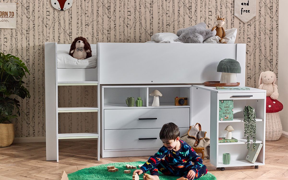 Kids Otis Midsleeper - Available in All White or Urban Rustic And Black - Mattress Option