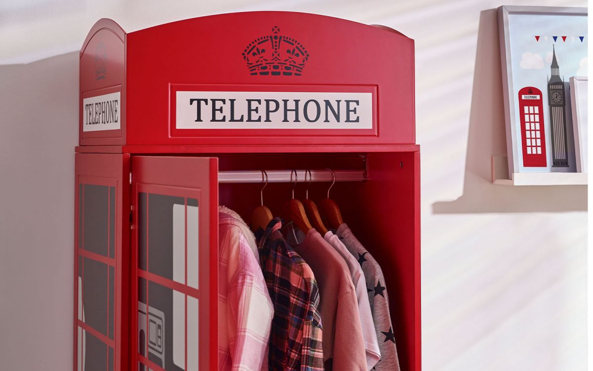 London Telephone Box Wardrobe - 56cm D x 65cm W x 190cm H