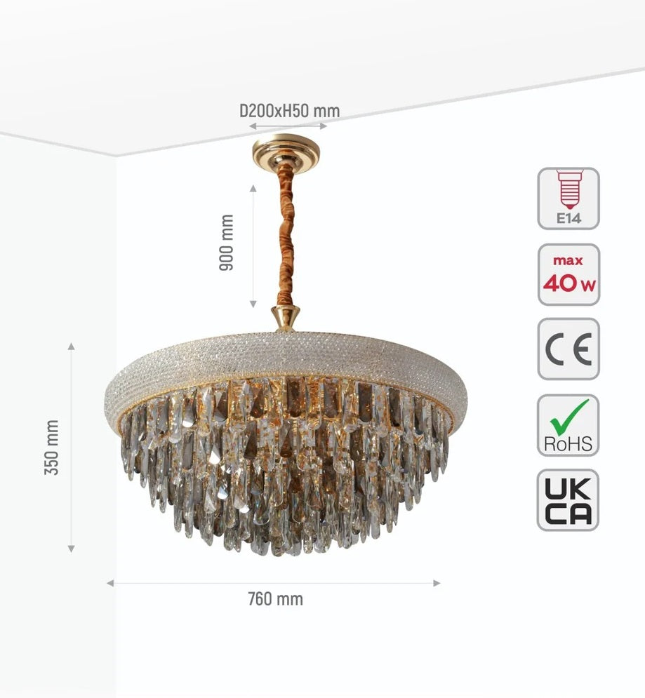 Mars Gold Antique Brass Metal and Crystal Chandelier Ceiling Light E14 Small, Medium or Large - 3 Sizes Available