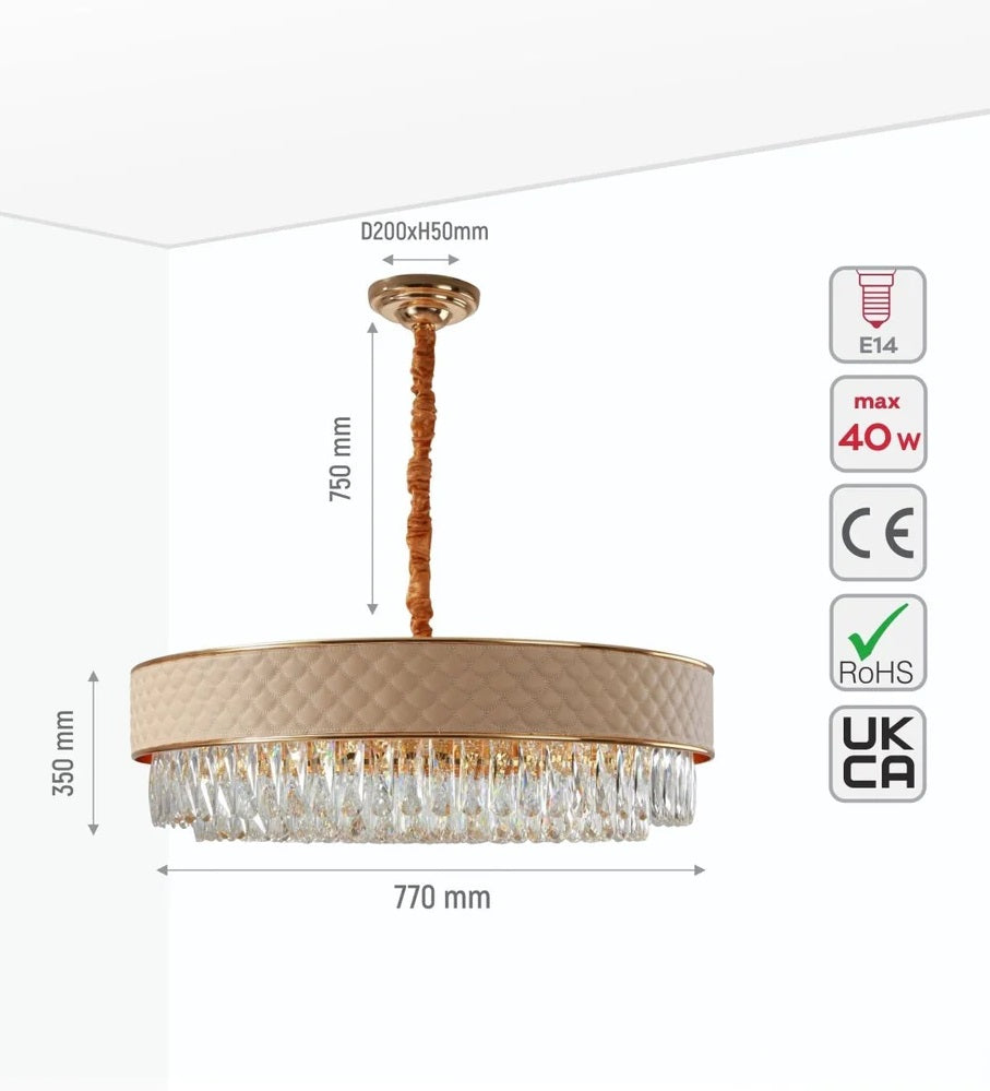 Venus Black or Cream Leather Shade Gold Metal Body Crystal Chandelier Ceiling Light E14 - 2 Sizes Available