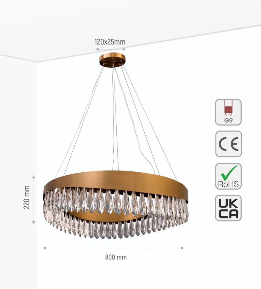 Neptune Faceted Long Pear Crystal Gold Metal Chandelier Ceiling Light G9 - Island or Round Shaped - 4 Size Options