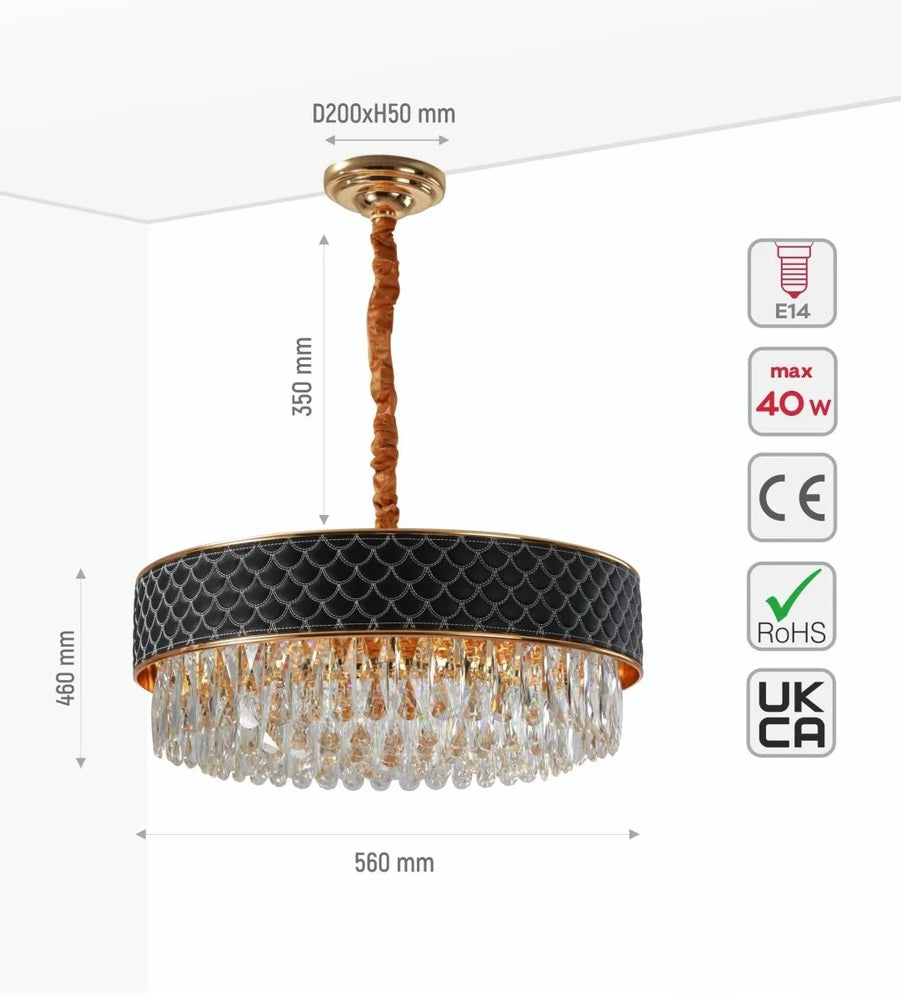 Venus Black or Cream Leather Shade Gold Metal Body Crystal Chandelier Ceiling Light E14 - 2 Sizes Available