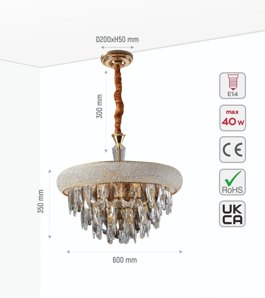 Mars Gold Antique Brass Metal and Crystal Chandelier Ceiling Light E14 Small, Medium or Large - 3 Sizes Available